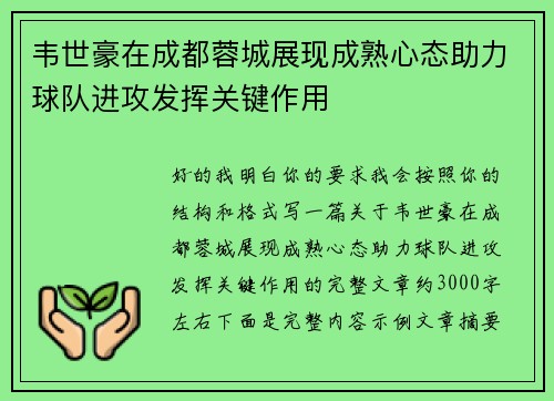 韦世豪在成都蓉城展现成熟心态助力球队进攻发挥关键作用