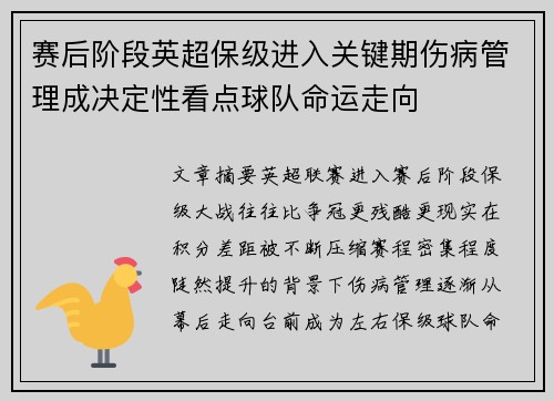 赛后阶段英超保级进入关键期伤病管理成决定性看点球队命运走向